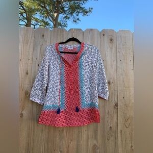 Antilia Femme Women Red 3/4 Sleeve‎ Blouse Small Floral Blue Geometric Tassel